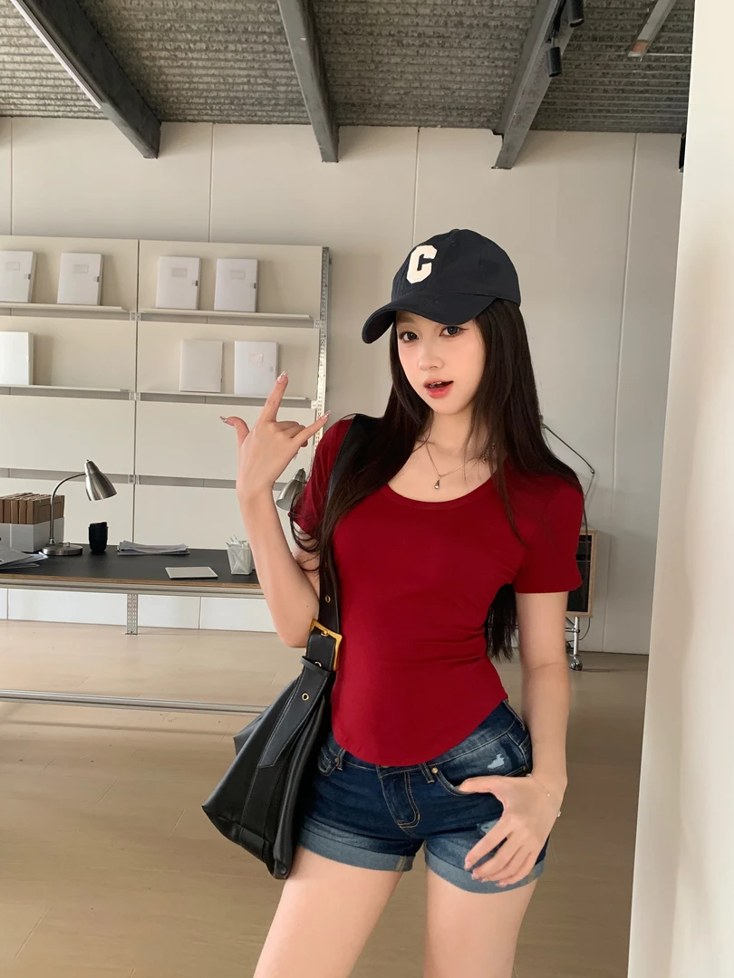 百搭u领短袖T恤女夏季纯欲风韩版修身短款显瘦上衣百搭