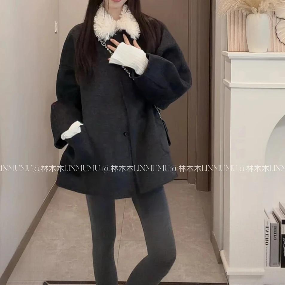 木木专属韩系温柔风毛绒领黑色毛呢外套女气质秋冬百搭宽松大衣