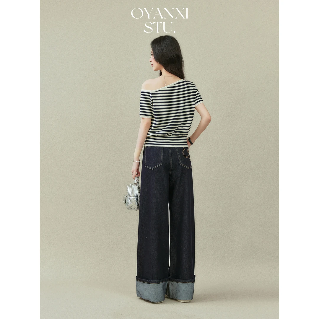 【OYANXI！清清！】美式高街高腰复古阔腿直筒牛仔裤女新款藏蓝色裤子