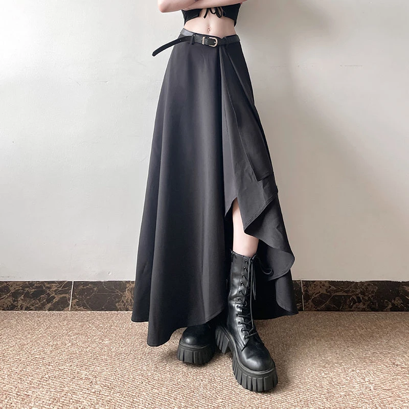 K高级清冷干净女装黑色小众复古不规则显瘦半身裙高腰设计时尚开