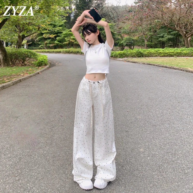 ZYZA牛仔裤女2025秋季新款韩系碎花波点抽绳宽松裤子高端阔腿裤子