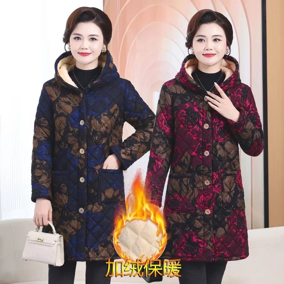 棉袄中老年女装加绒加厚大花中长款连帽棉衣