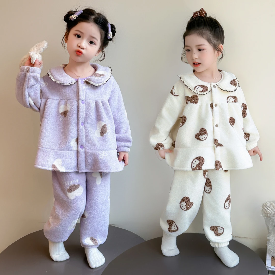 女童睡衣秋冬季法兰绒2025新款小女孩宝宝可爱开衫保暖睡衣家居服