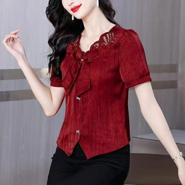 重工刺绣2025夏季新款短袖T恤蝴蝶结镂空新中式妈妈气质显瘦小衫