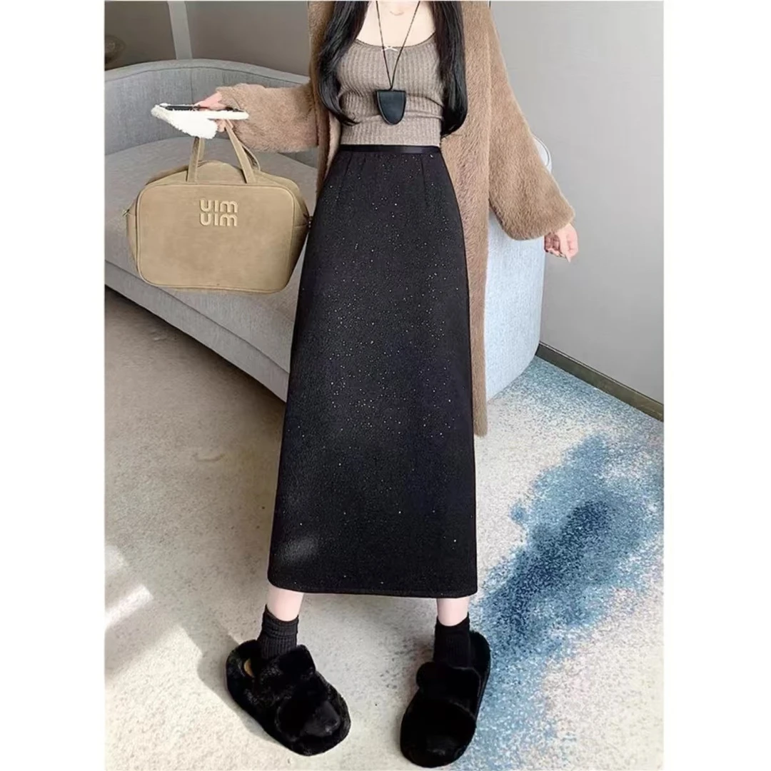 时尚高腰亮片毛呢半身裙春秋显瘦开叉中长款暴徒群