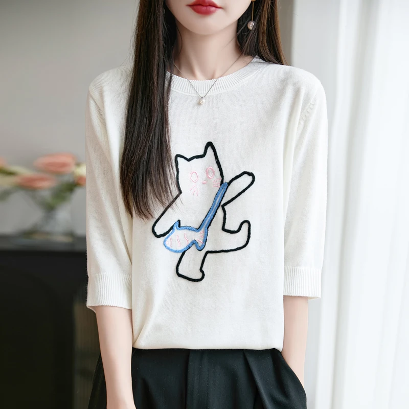 夏季圆领针织短袖T恤时尚百搭薄款显瘦半袖气质宽松休闲印花中袖