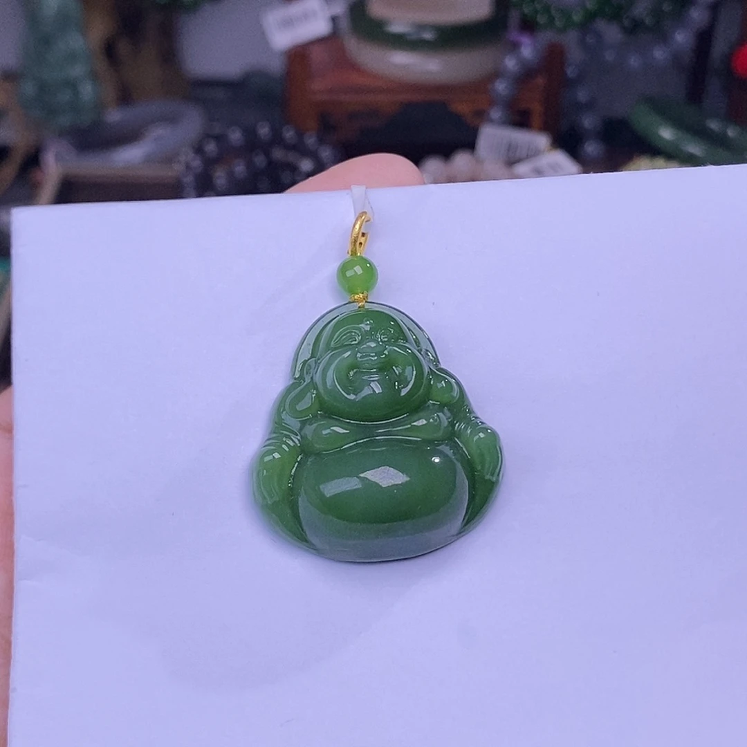 和田玉碧玉满色满绿冰底金镶佛公未镶嵌