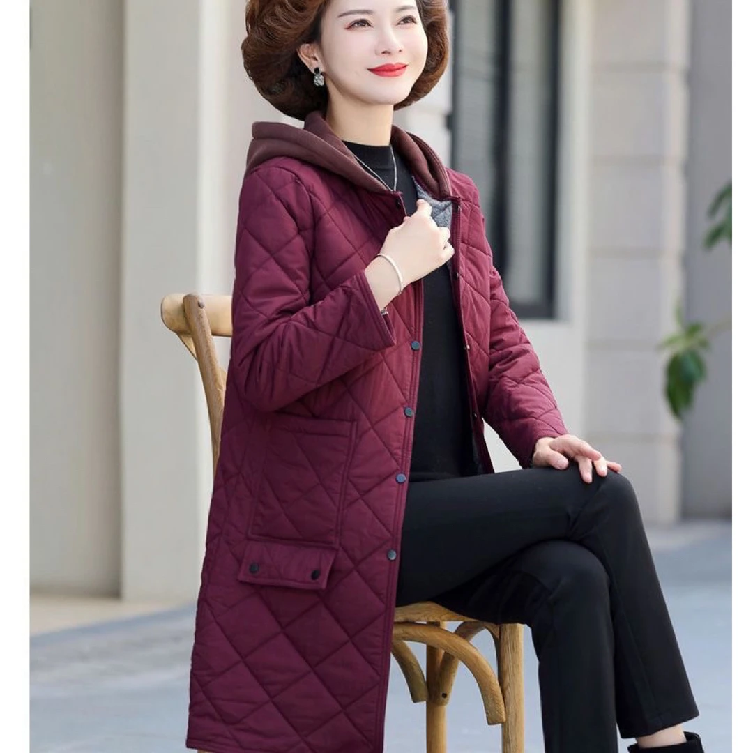 9017红色中长款连帽秋冬保暖加绒加厚棉服外套