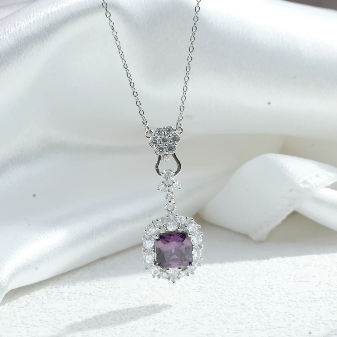 铜合金锆石项链 气质轻奢时尚小众简约彩色镶嵌坠链项链5786-2