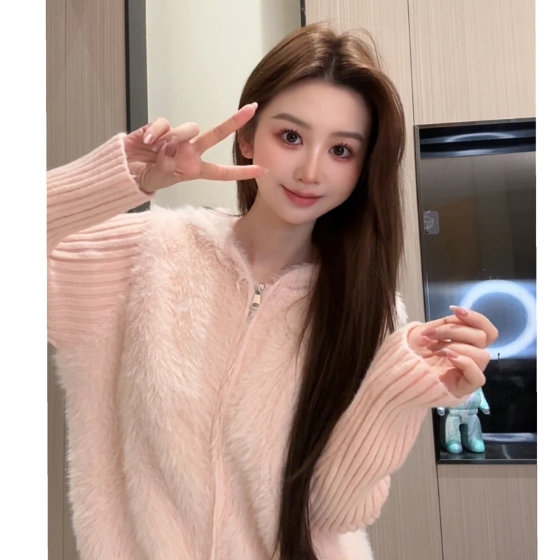 自留爆款推荐~软糯连帽毛毛拼接双拉链长袖针织衫女秋冬百搭毛衣