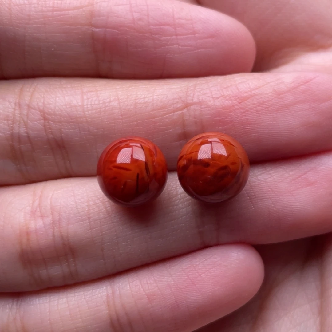 南红玛瑙18K金镶嵌珠宝奇石耳钉10.3mm