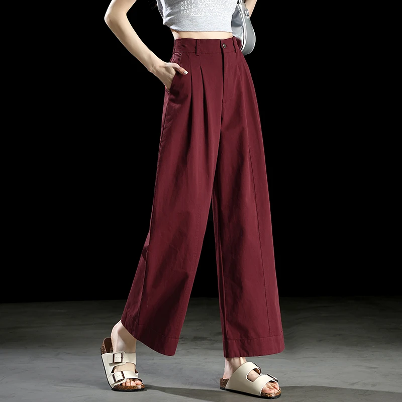 复古红水洗棉阔腿裤女2025新款松紧高腰休闲牛仔裤宽松垂感直筒裤