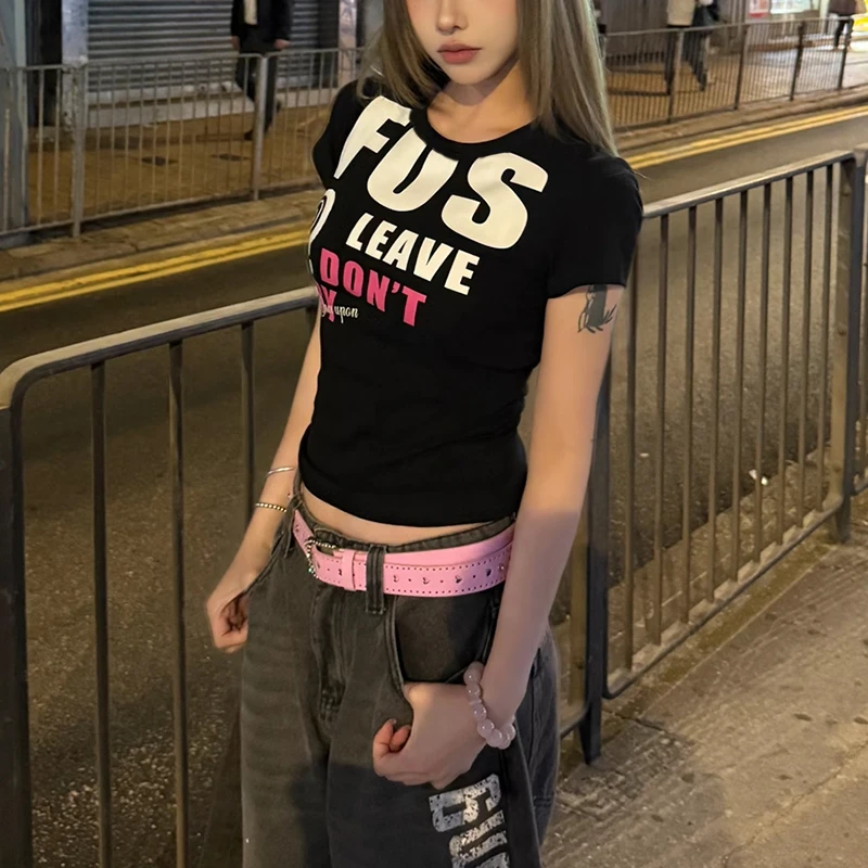 美式街头风辣妹正肩t恤女夏季2025新款设计感潮牌显瘦短袖上衣ins