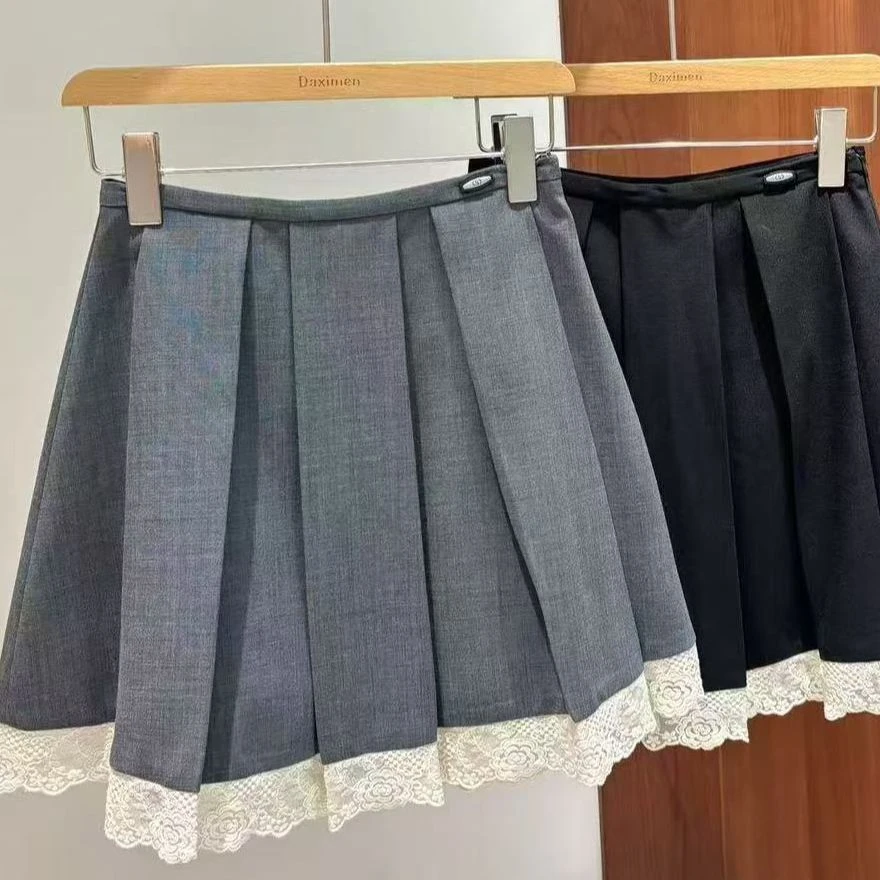 KIKI严选：60278-YY家欧货南油春夏蕾丝拼接法式百褶半身裙学院风