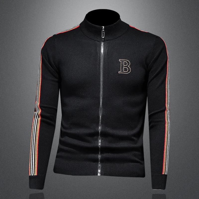 荷波撒纳温欧洲站条纹针织夹克开衫男士秋冬字母刺绣修身毛衣外套