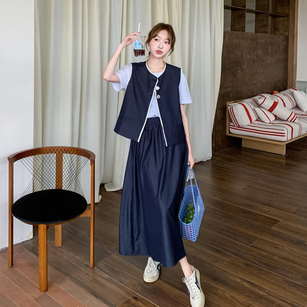 法式高级感拼接蕾丝马甲半身裙套装女2025夏新款小香风气质三件套