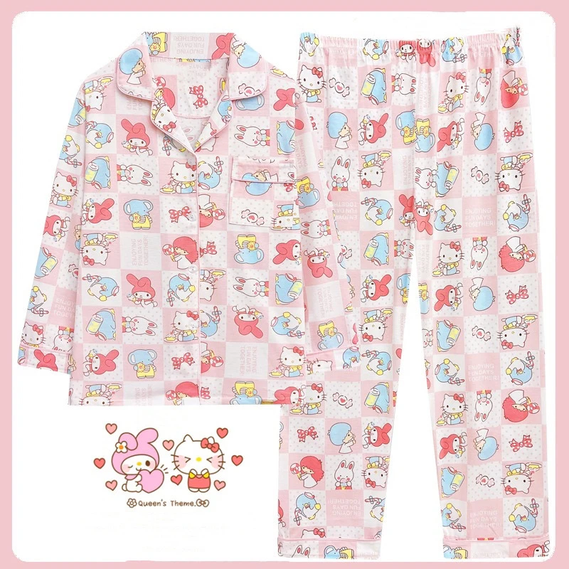 可爱kitty柔软舒服粉嫩家居服红色卡通秋季加大睡衣春秋长袖套装