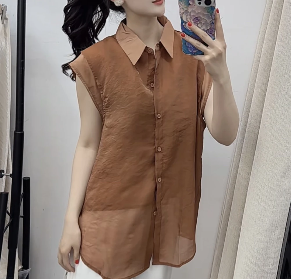 女士夏季复古蕾丝刺绣无袖衬衫坎肩两件套洋气显瘦上衣