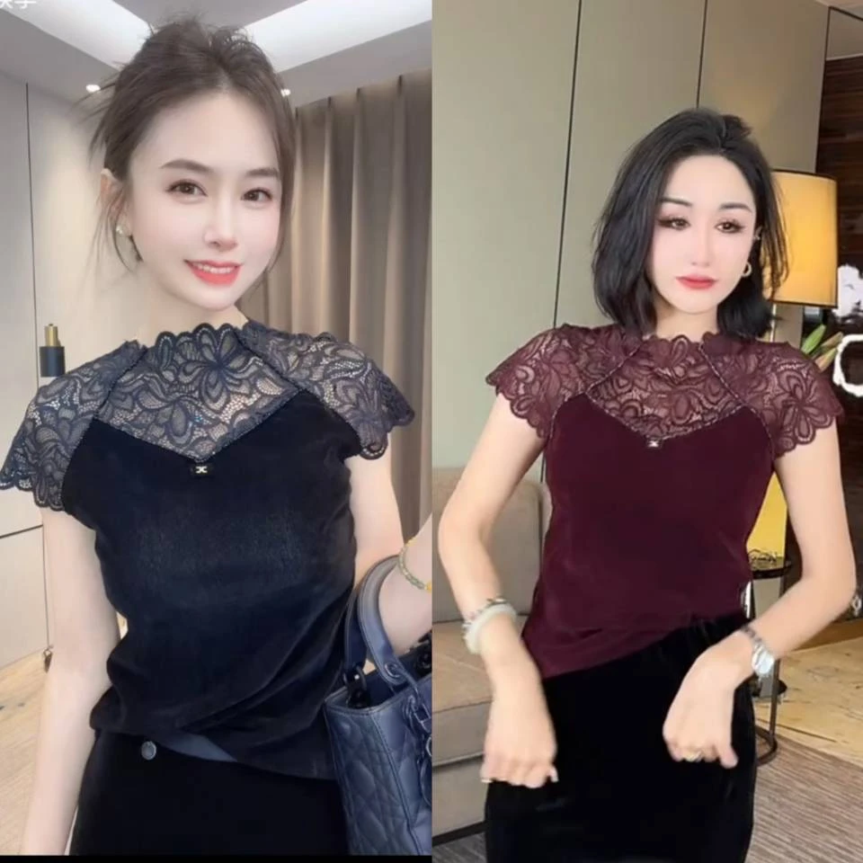 植绒轻职风短款镂空圆领T恤黑色显瘦无袖夏时尚百搭性感洋气上衣