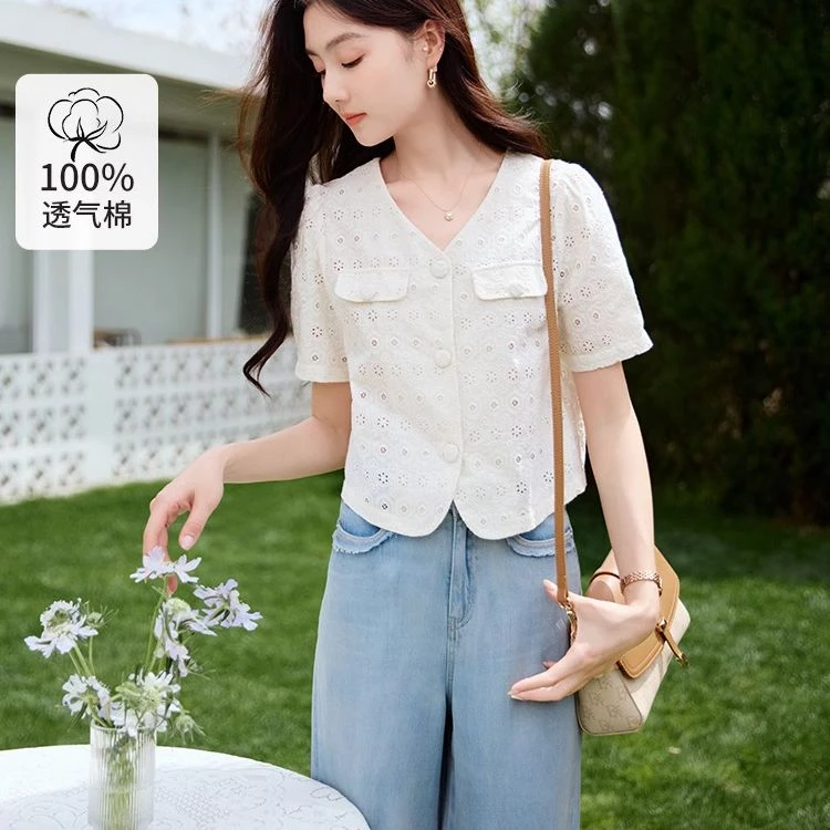 【粉丝专属】C842259衬衫 香影法式v领衬衫女短袖夏季新款小众