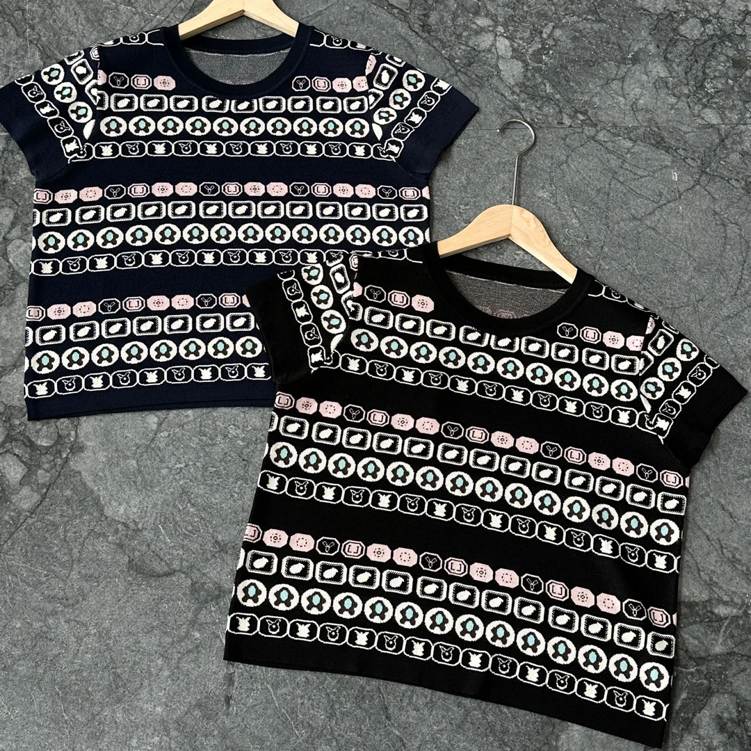 2025春夏重工提花立体图案女装时尚圆领上衣短袖复古针织衫