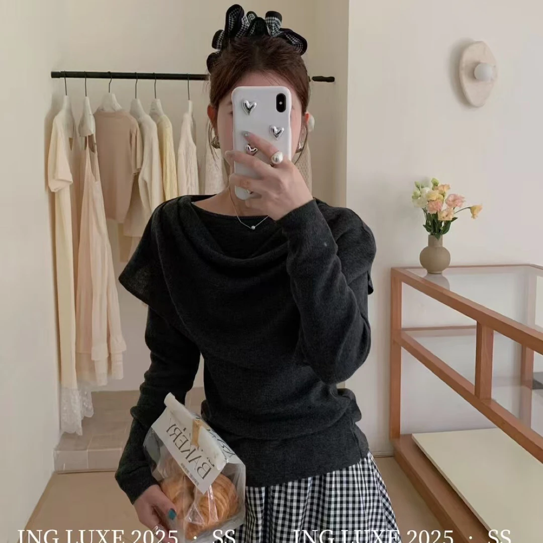 【张开心】ING～法式温柔荡领高级感温柔气质上衣针织衫(配披肩)