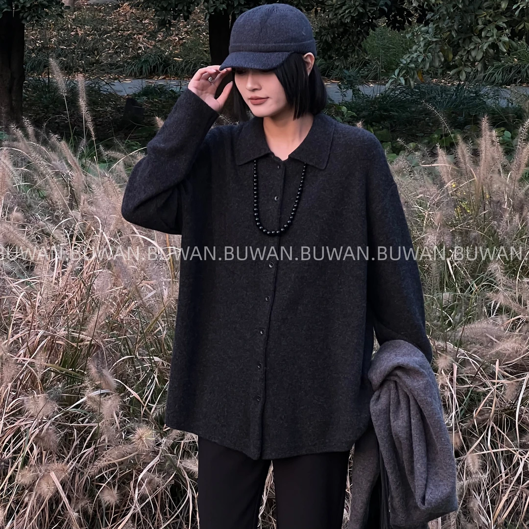 BUWAN【定制】100%绵羊毛高定极简大版宽松翻领大牌羊毛衫10652