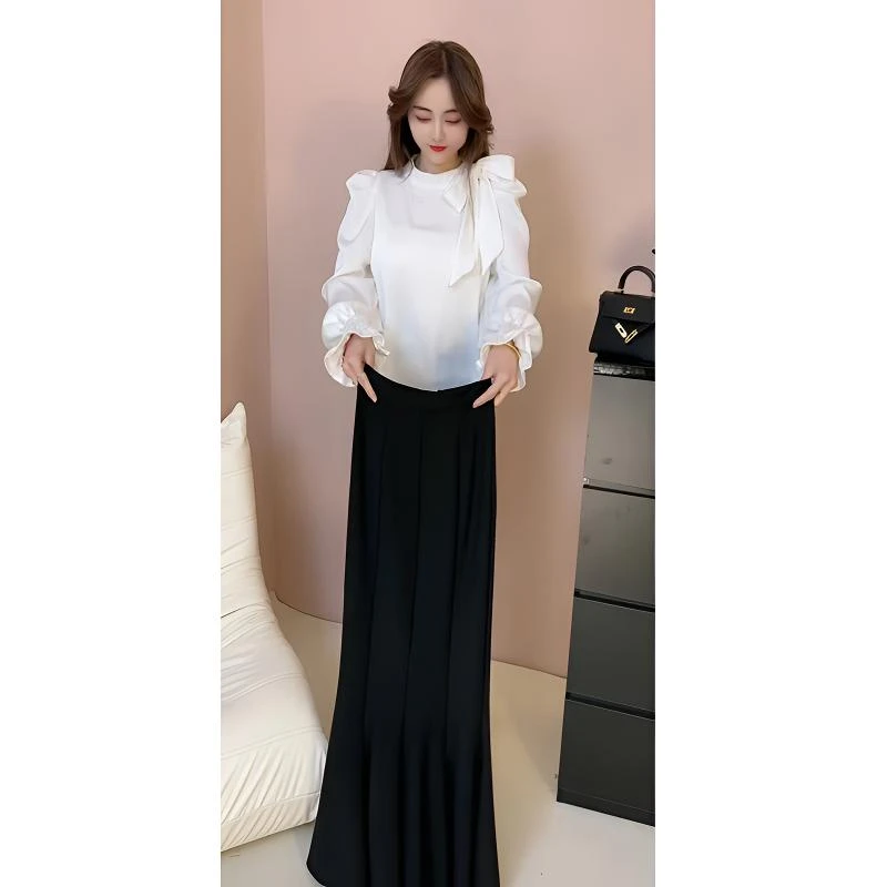 名媛风气质洋气系带蝴蝶结光泽感衬衫女中长款显瘦包臀鱼尾裙潮