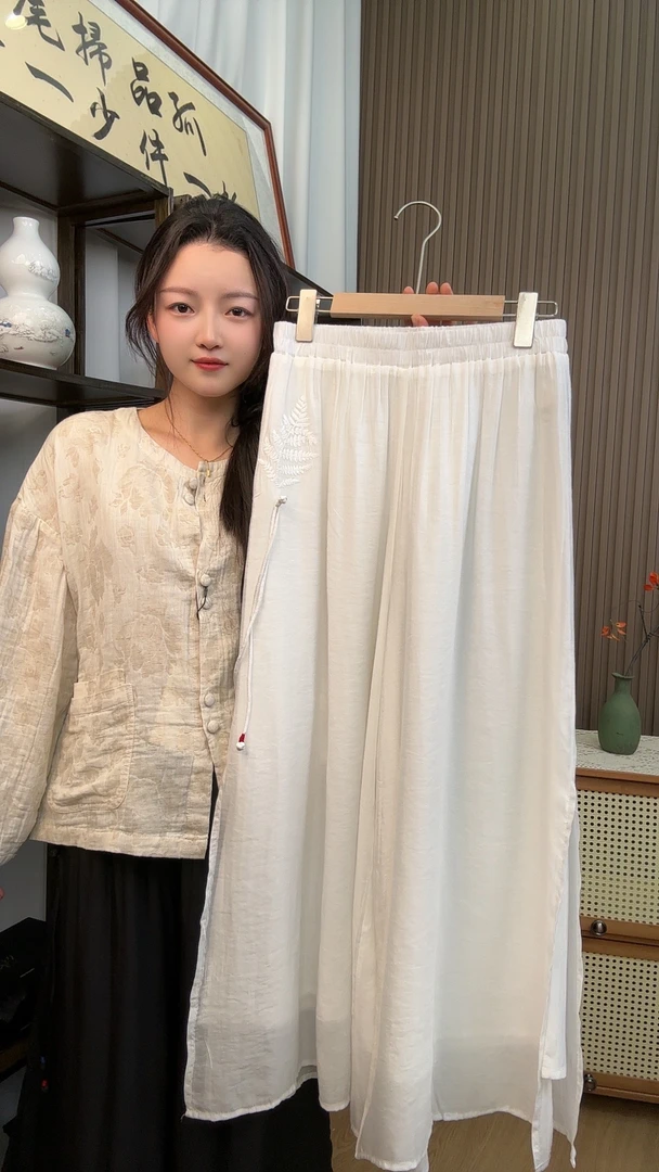 沈凌烟【仙仙】宽松双层轻薄阔腿裤子新中式禅意飘逸绣花松紧腰