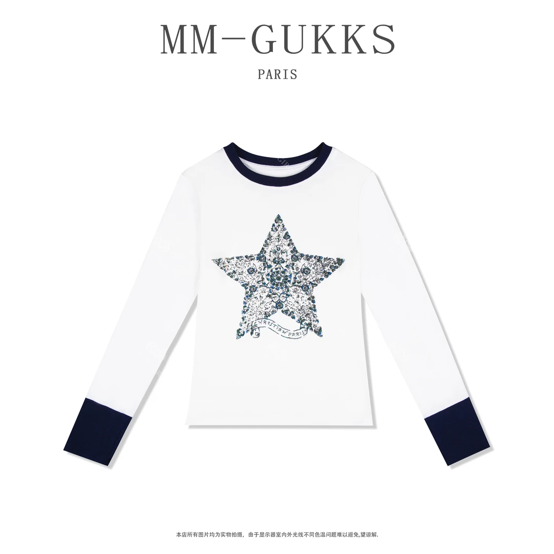 明明GUKKS『大游行』2025秋冬设计感烫钻五角星长袖打底衫显瘦T恤