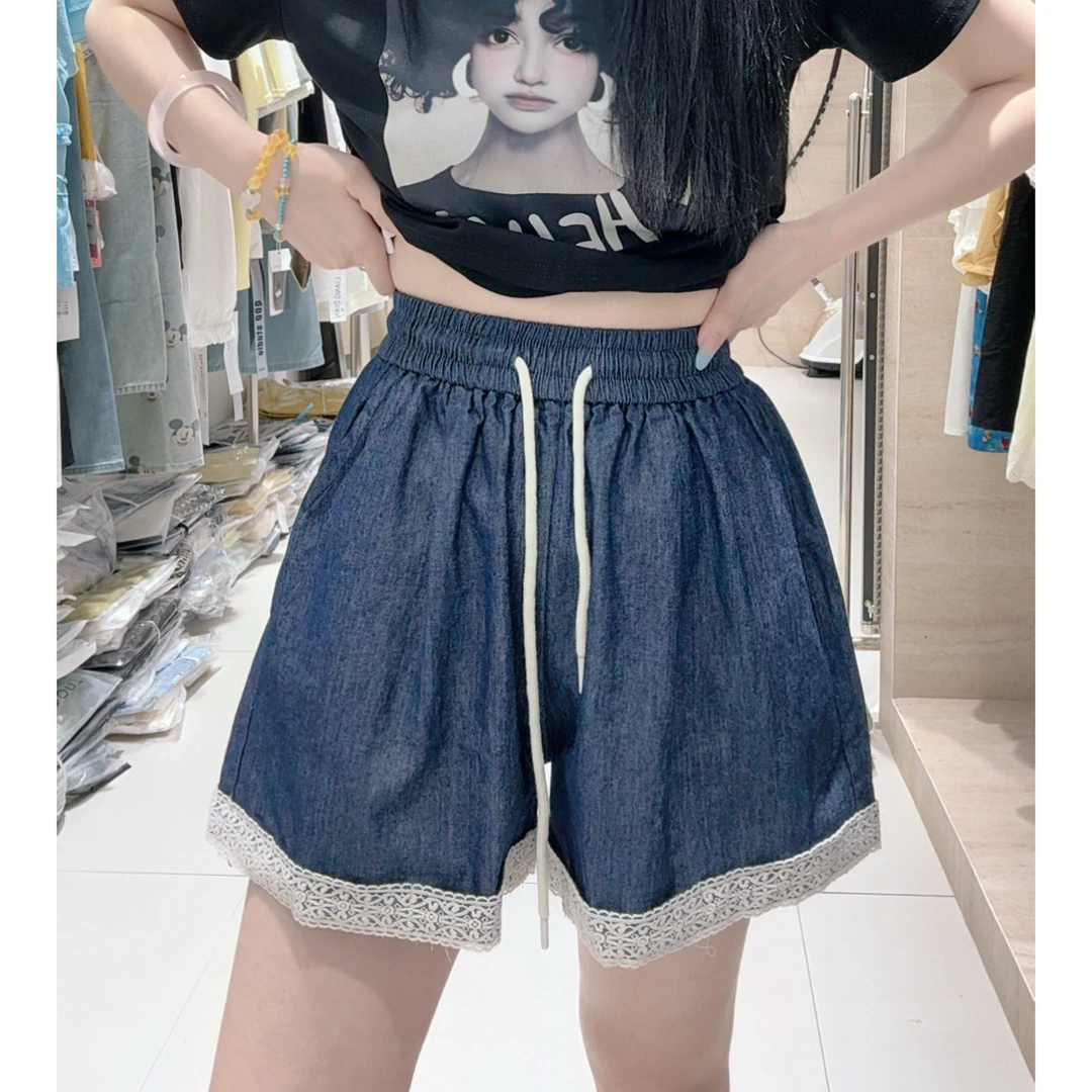 60019藏蓝蕾丝边休闲短裤