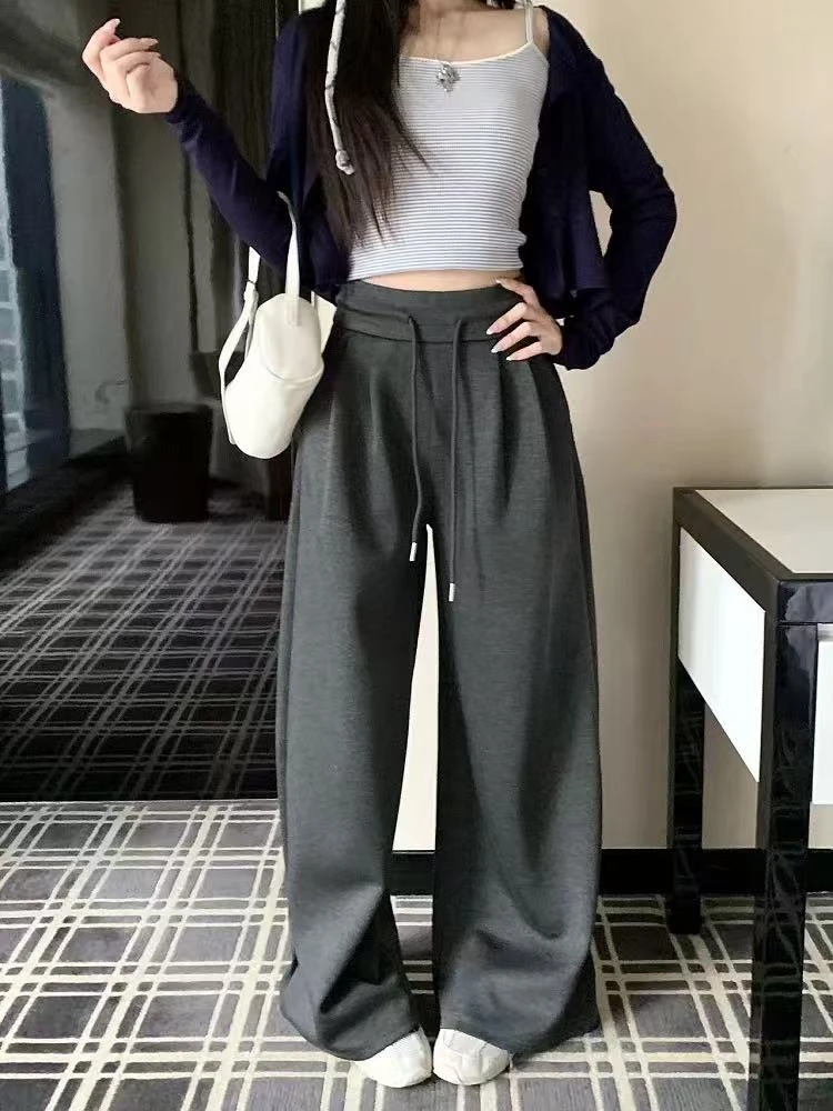 A442-宽松慵懒风高腰休闲裤女秋季显瘦垂感阔腿裤百搭黑色长裤