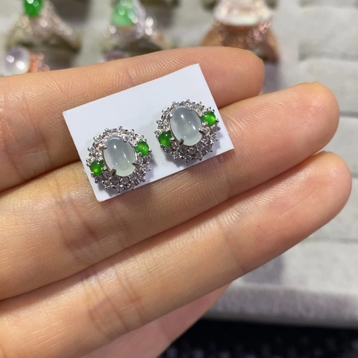 翡翠银S925镶嵌耳饰耳钉