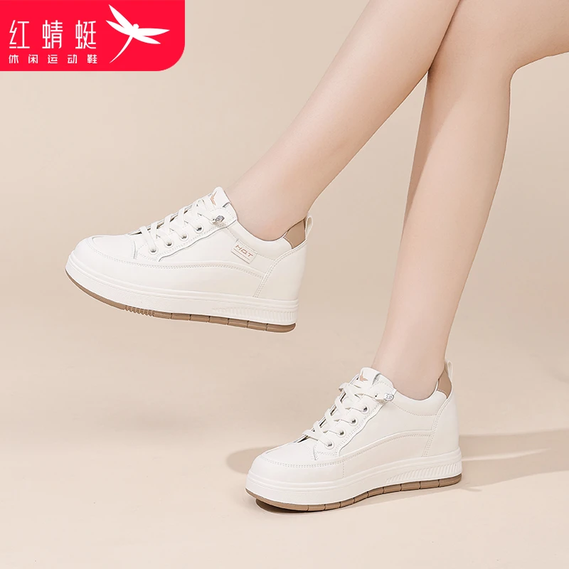 红蜻蜓女鞋小白鞋女夏季新款网面透气真皮运动百搭内增高休闲鞋女