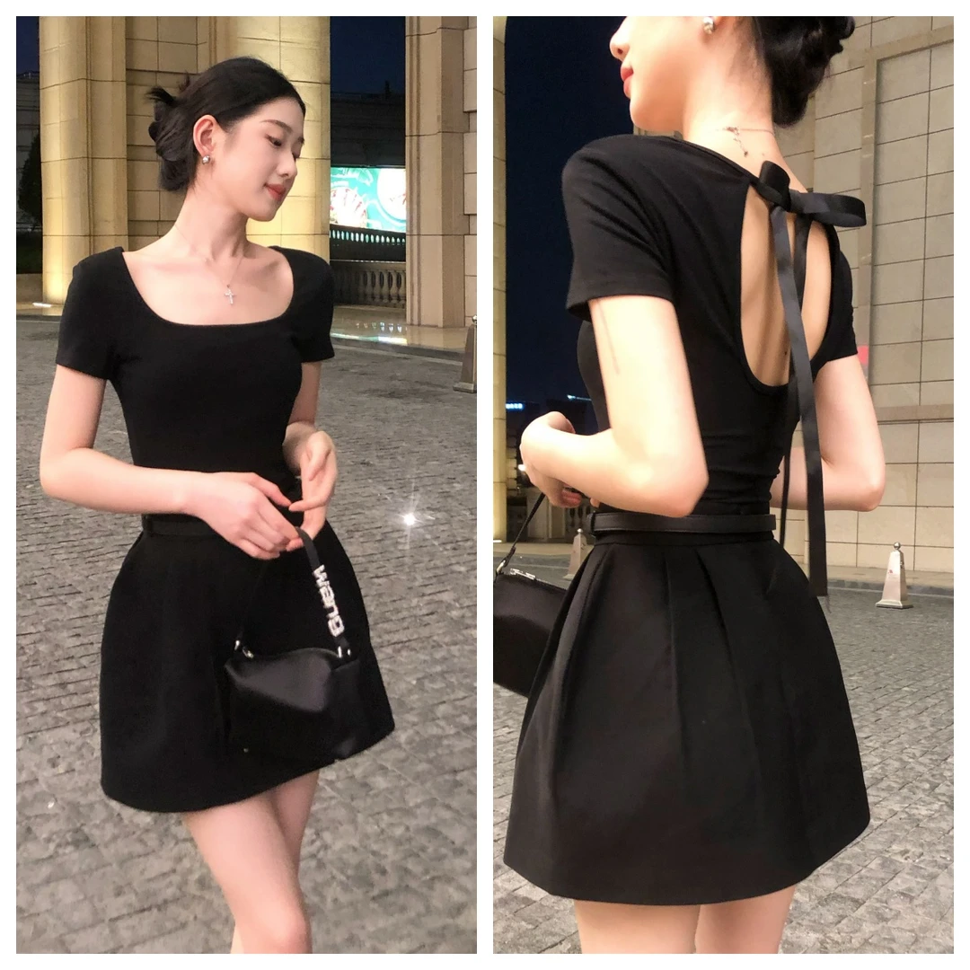 T恤镂空辣妹风性感短款套装蝴蝶结露背修身气质上衣配纯欲半身裙