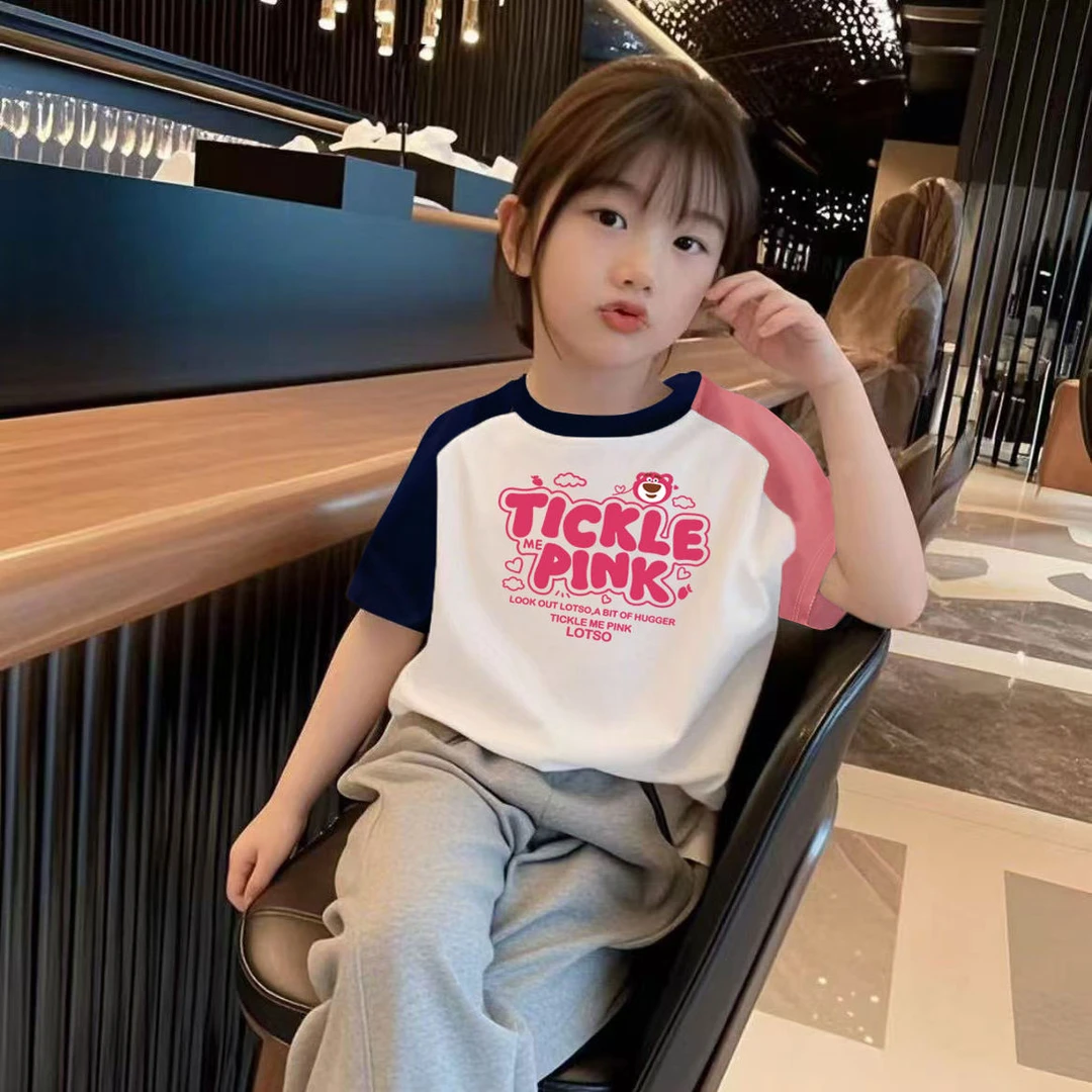 女童纯棉短袖t恤夏季新款儿童衣服女孩童装插肩袖撞色上衣草莓熊