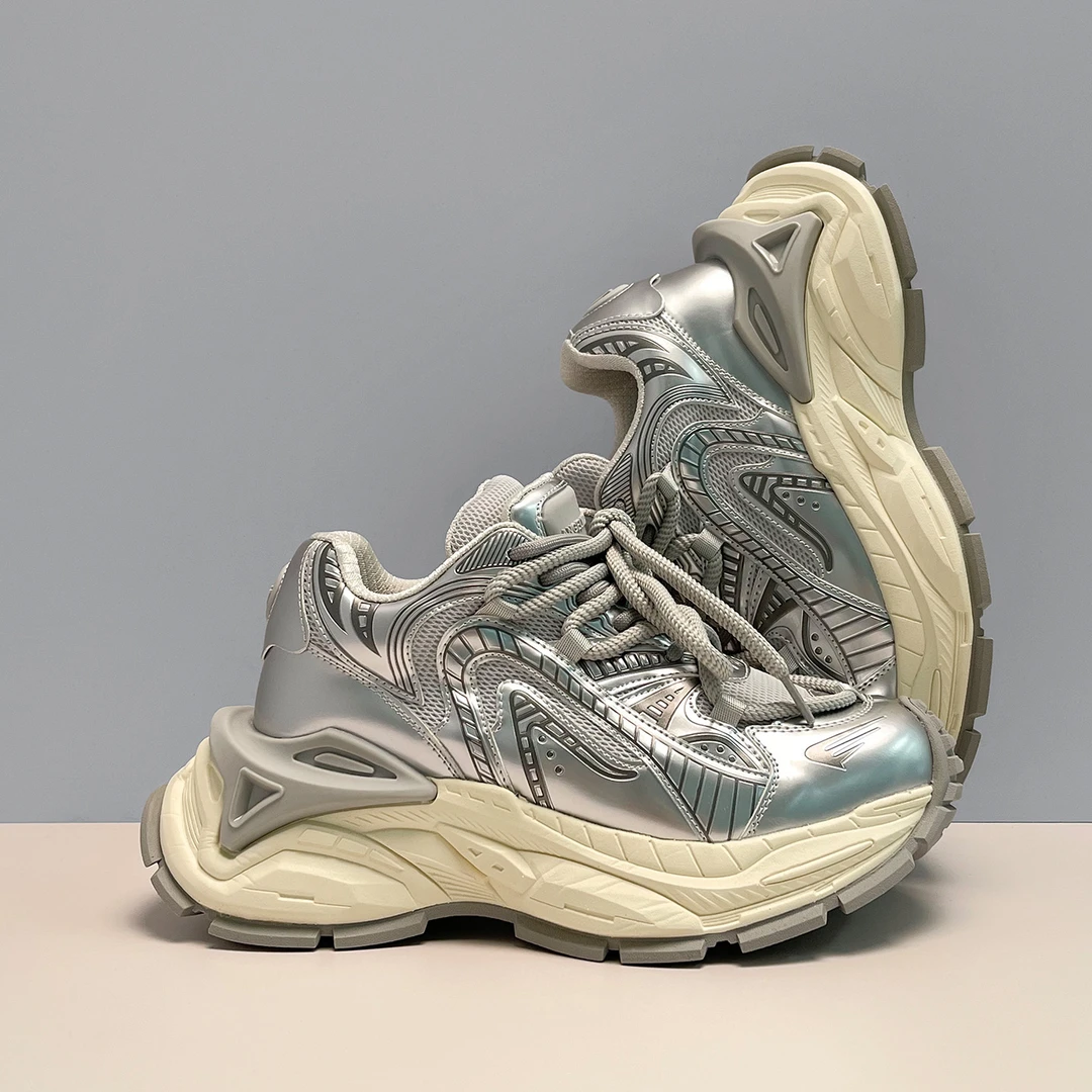 9CM隐形增高老爹鞋厚底复古潮流银色机甲风运动鞋秋季男女款潮鞋