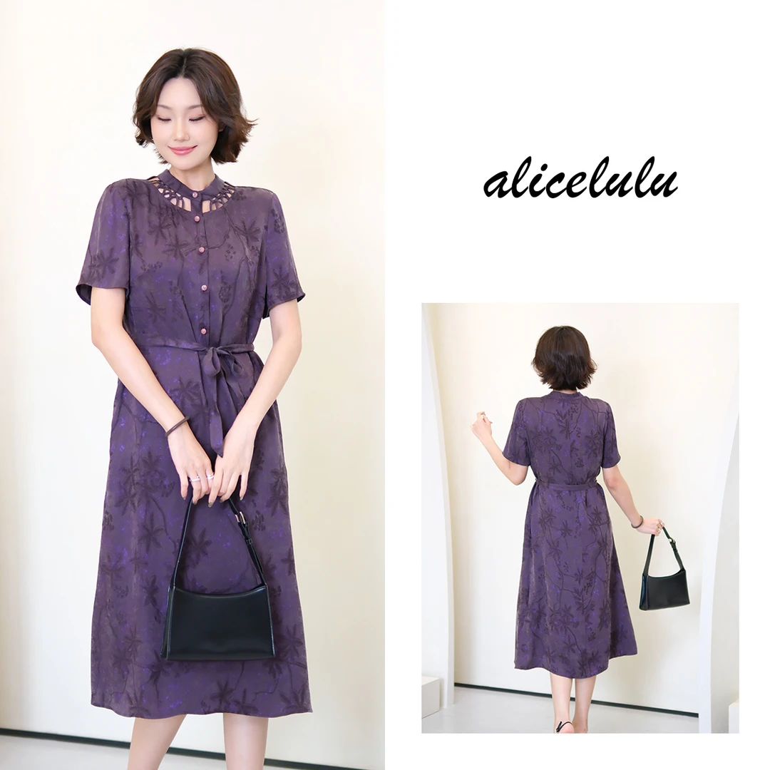 [alicelulu]圆领镂空紫色提花系带连衣裙遮肉显瘦S2142993E