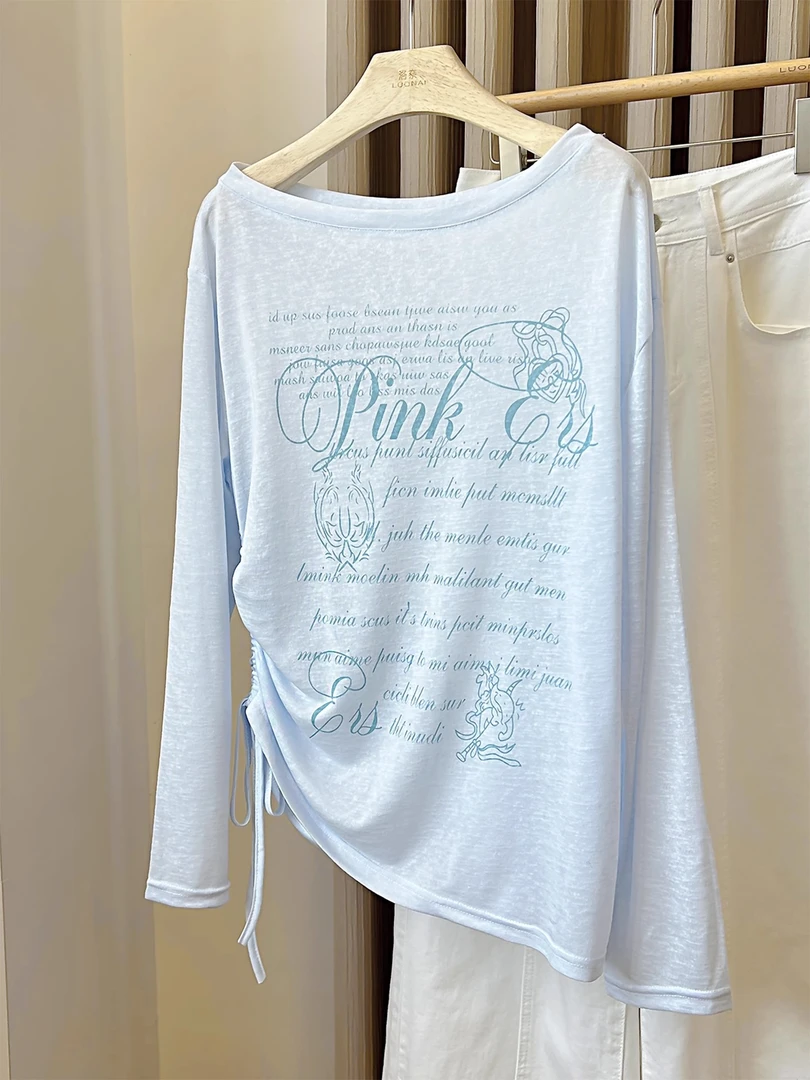 蓝色薄款防晒罩衫斜肩长袖t恤女夏季新款印花抽绳不规则宽松上衣