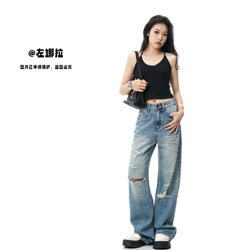 【A3330】2025夏季水洗中高腰破洞新款直筒牛仔裤