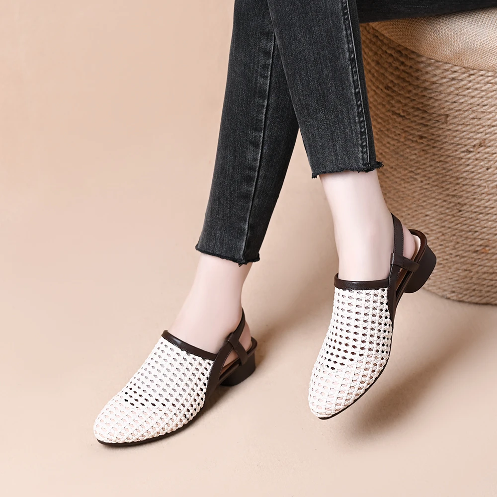 法式2025洞洞编织凉鞋时尚休闲夏季镂空透气春夏粗跟尖头中跟单鞋