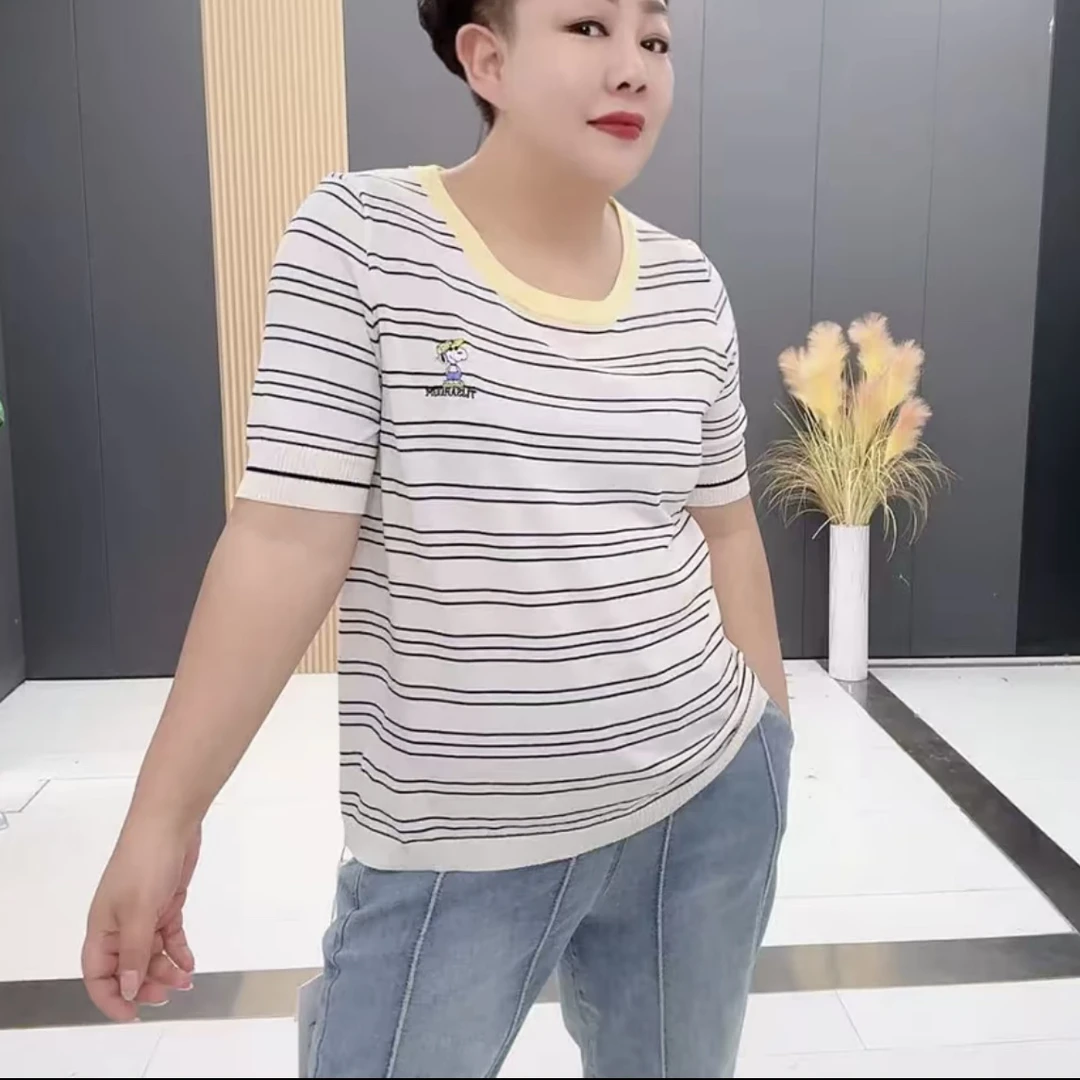 时尚大码麻料洋气百搭圆领条纹刺绣半袖衫DDPR3818