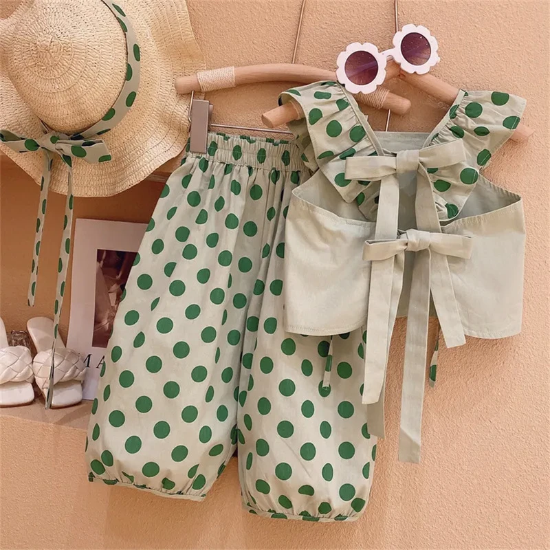 韩版洋气田园风露背套装薄款套头女童背心上衣波点灯笼裤两件套棉