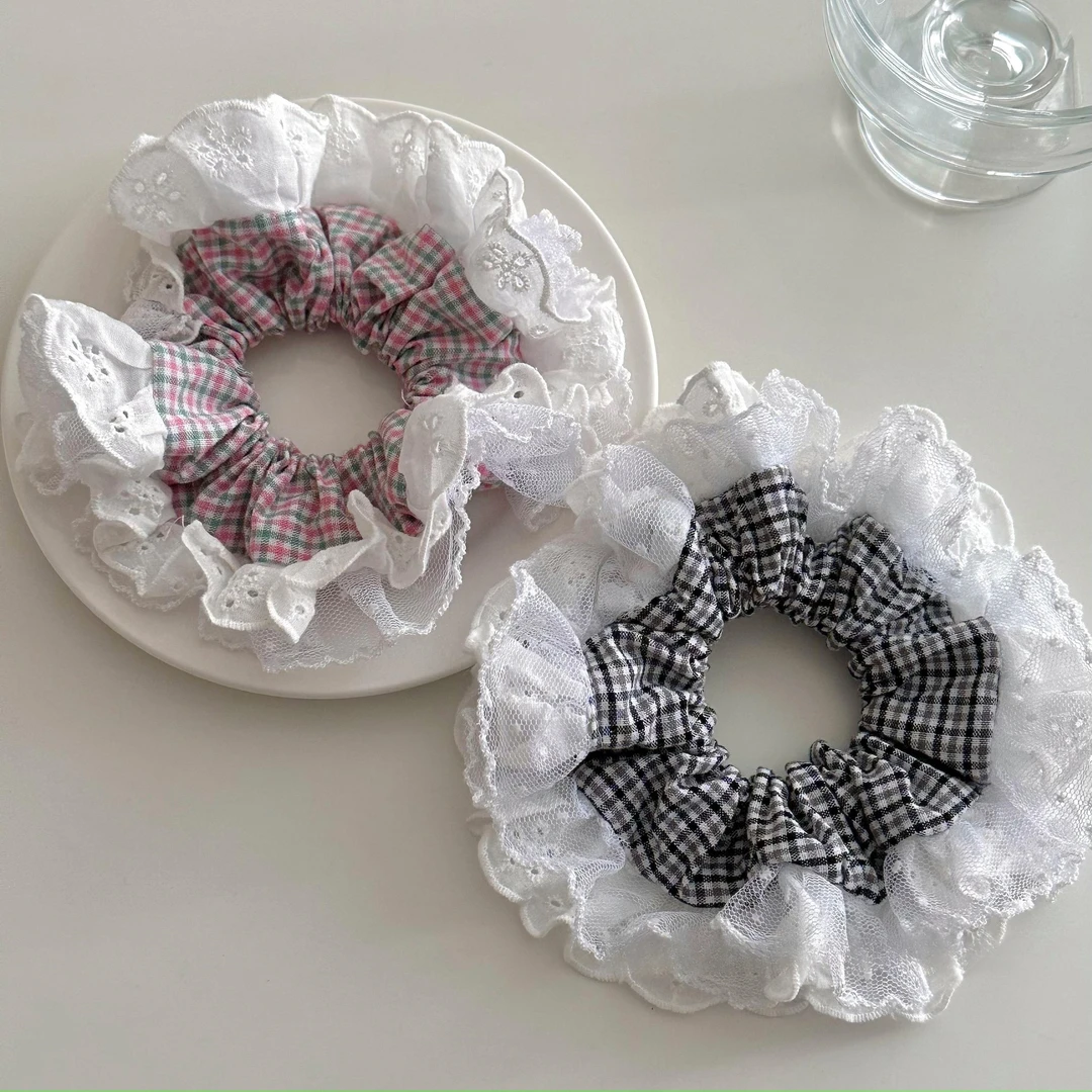 设计师款蕾丝拼接黑白格发饰甜美可爱ins发绳仙气大发圈头饰大号