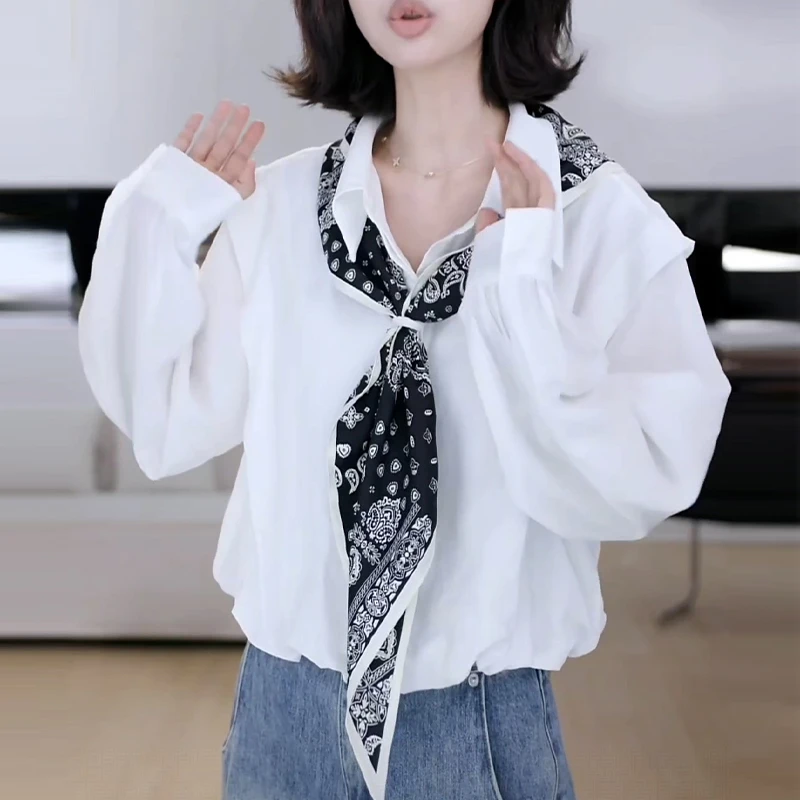 韩版气质丝巾系带白色长袖衬衫女2025秋季新款百搭高级时尚上衣