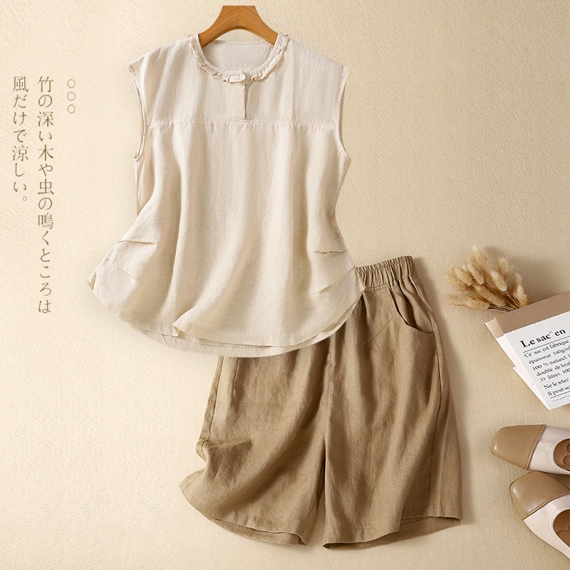大码女夏季高端亚麻套装女士洋气时尚苎麻无袖上衣短裤减龄两件套