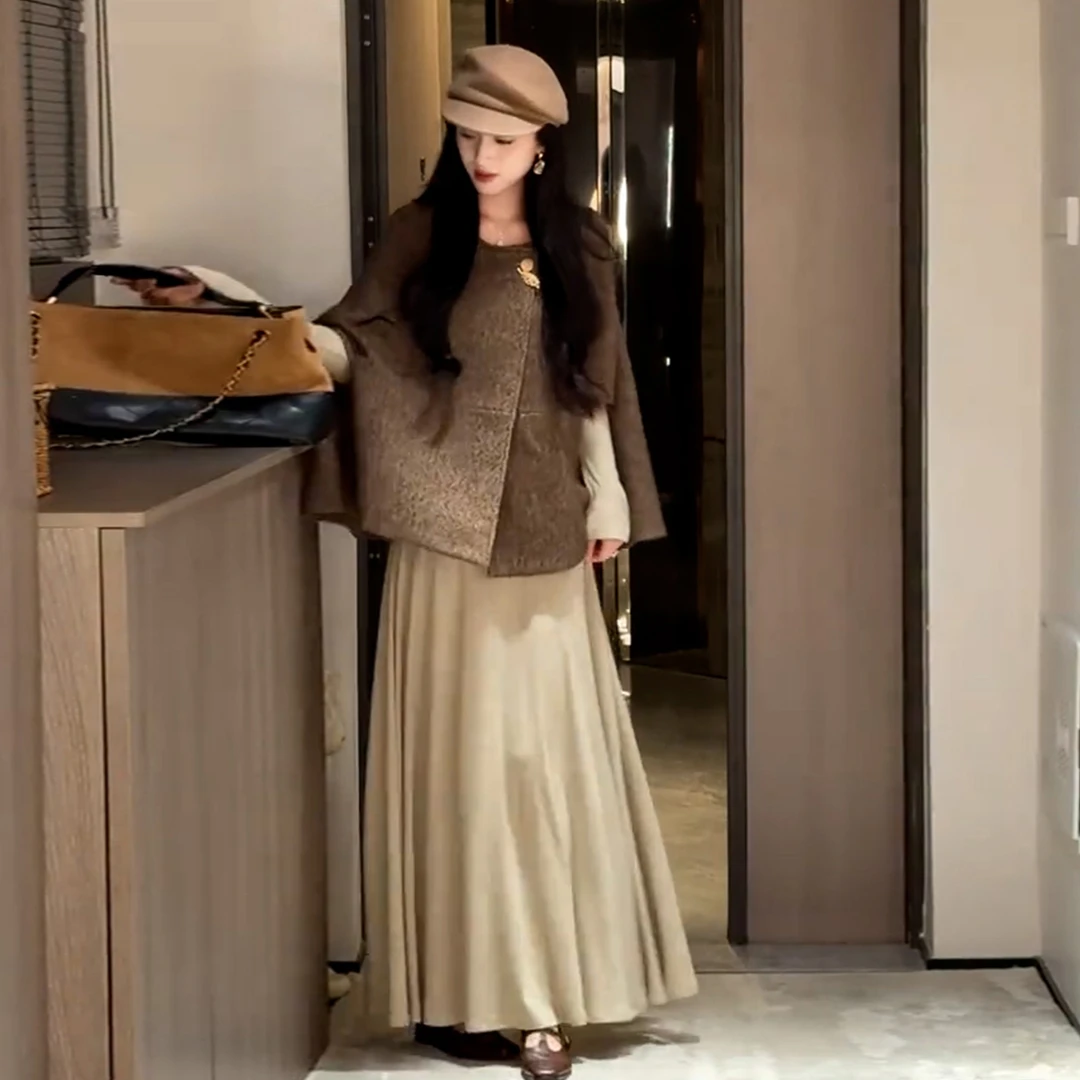 小香风斗篷披肩外套连衣裙女2025新款韩系早秋穿搭巨好看套装长裙
