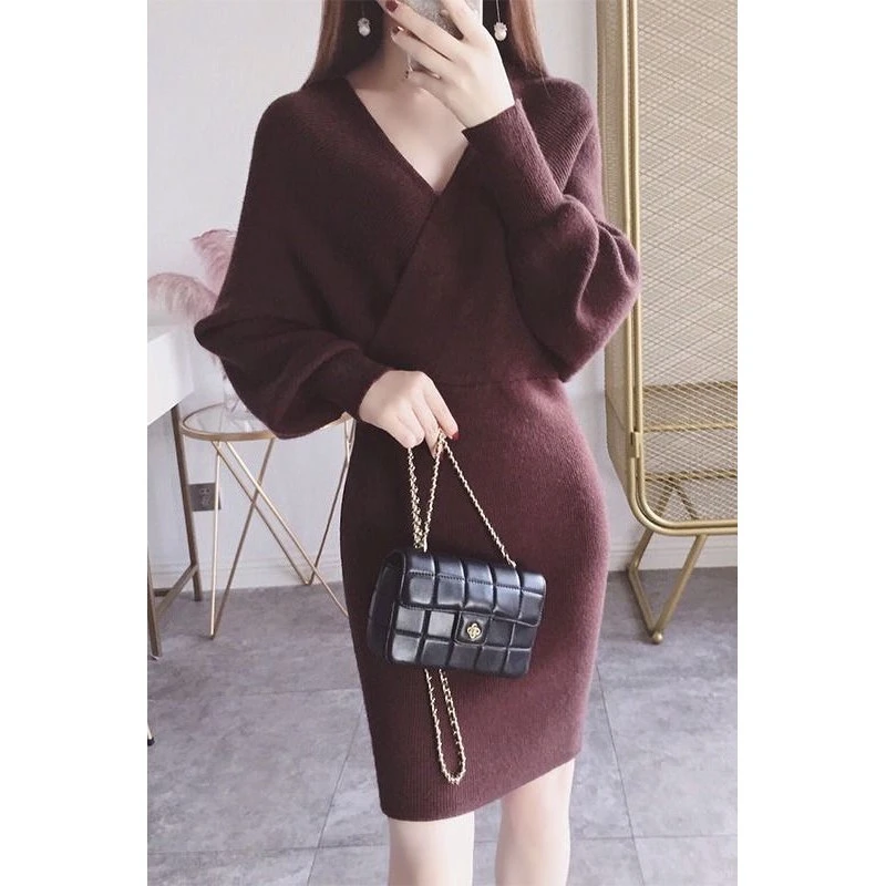 春秋新款女毛衣韩版v领中长款毛衣裙 性感腰带外穿蝙蝠袖女毛衣