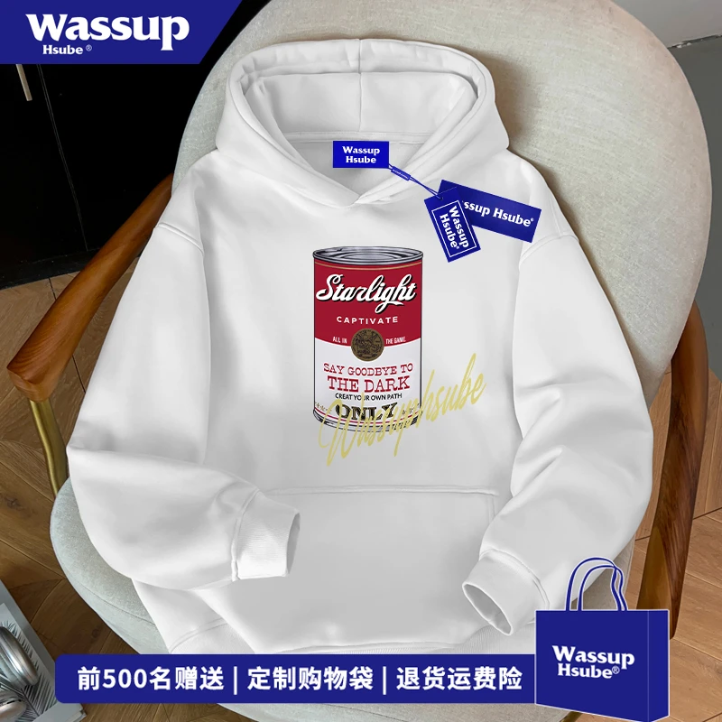 WASSUP HSUBE欧美式复古图案印花连帽卫衣男秋季vibe潮牌宽松上衣