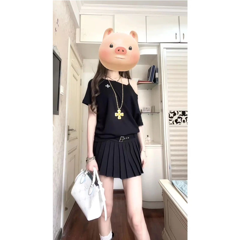 美式复古辣妹斜肩一字肩十字架印花短袖t恤上衣百褶半身裙两件套